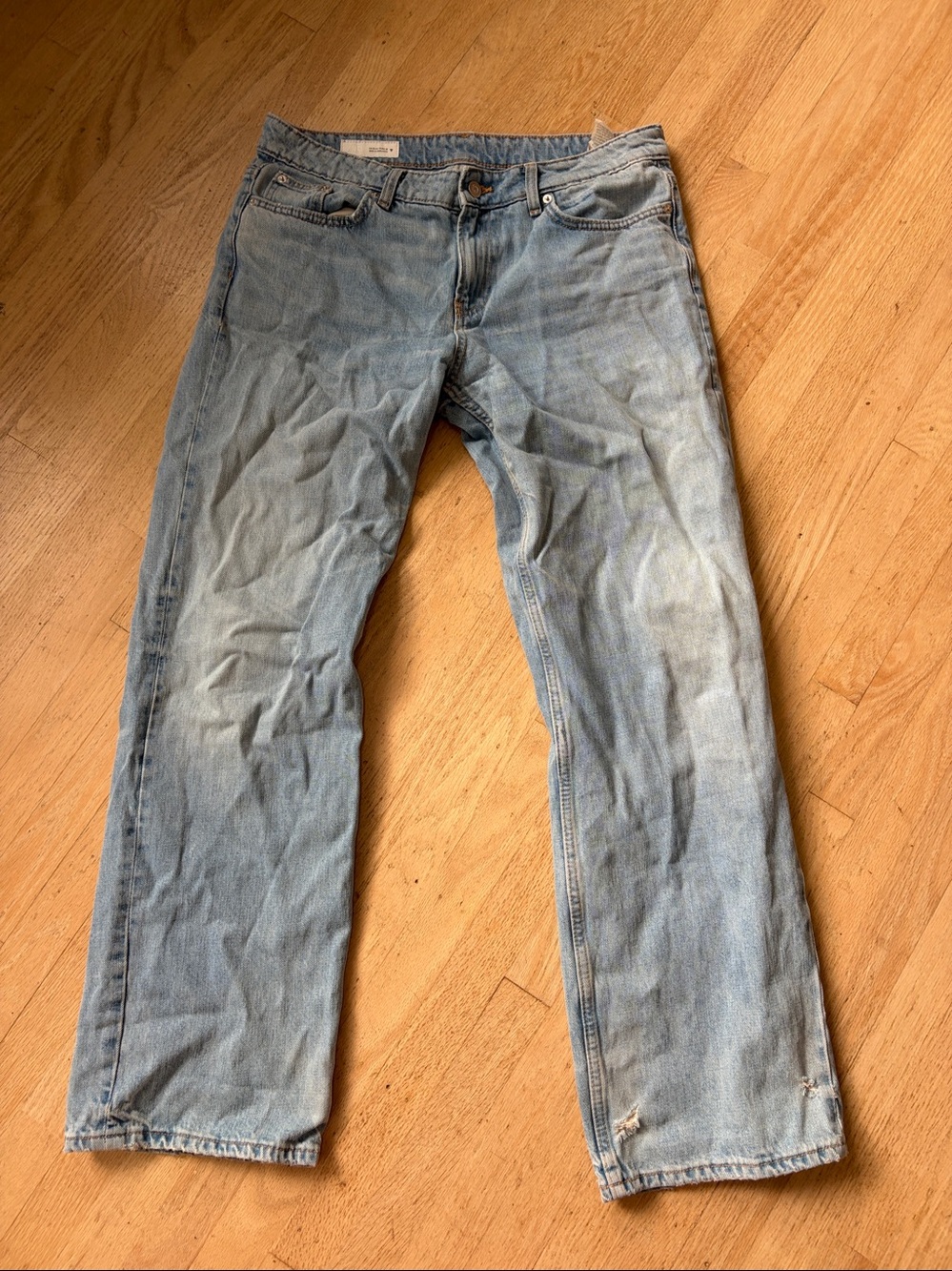 Zara Straight Jeans Womens 10 Blue Light Wash Distressed Fringe Hem Denim